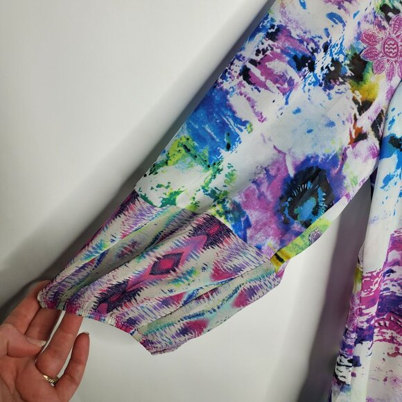 Figueroa & Flower Womens Blouse Colorful Abstract 3/4 Size 1X Tie Hem Semi Sheer - Picture 3 of 9